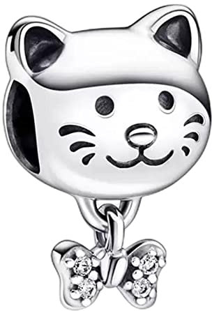 BEEUVIP Damen Katzen und Bögen für Haustiere Charm Anhänger für Armband 925 Sterling Silber Geburtsstein Charms Beads passend für Armband
