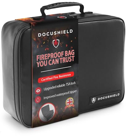 DocuShield Fireproof & Water Resistant Document Bag | Lightweight and Portable Box with Dividers and Pockets for Important File Storage | UK Brand | Fibreglass Fabric | TSA Lock (Original)