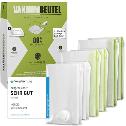 NORDIC® Vakuumbeutel 6 Stück (2M + 2L + 2XL) – BPA Frei INKL. ETIKETTEN - Vakuumbeutel für Kleidung, Bettdecken und vieles mehr - Vacuum Storage Bags – Vakuumierbeutel Bettdecken – Vakuum Aufbewahrung