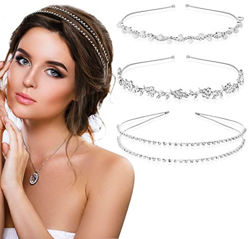 BETESSIN 3Stk. Braut Stirnband Perlen Strass Haarreif Damen Mädchen Kristall Haarand Blumen Glänzend Braut Tiara Hochzeit Doppelschicht Haarschmuck für Brautjungfer Kommunion Prinzessin Party Silber