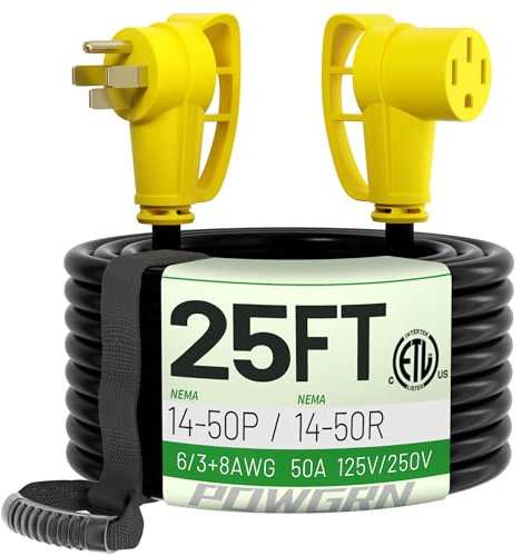 POWGRN NEMA 14-50P a NEMA 14-50R 65FT 50 Amp RV/EV cavo di prolunga esterno con impugnatura, flessibile 4 poli resistente RV cavo di alimentazione impermeabile, 50A 125/250V 6250/12500W STW, ETL