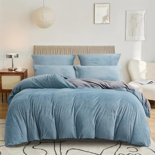 DXHOME Bettwäsche 155x220cm Blau Hellblau Grau Plüsch Flauschig Flanell Biber Warme Weiche Kuschelige Winter Wendebettwäsche Bettbezug mit Reißverschluss und 2 Kissenbezüge 80 x 80cm
