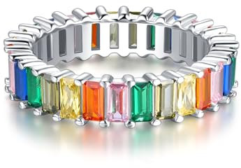 18K Funkelnder Rainbow Baguette Ring aus 925 Sterling Silber mit Bunten Regenbogen Steinen - Damen Ringe Eternity Ewigkeit Schmuck in Juwelierqualität (Silber, 56)