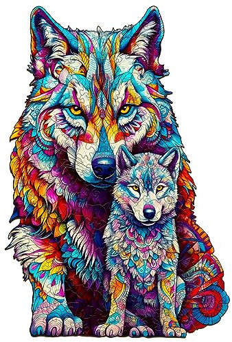 Blumuze Holzpuzzle Erwachsene 90 Stück, Wolf Family Holz Puzzle, Holzpuzzle Einzigartige Tierform Puzzleteile,Puzzle aus Tierteilen, Puzzle Holz Erwachsene mit Geschenkbox aus Holz(S-8.3 * 5.6in)