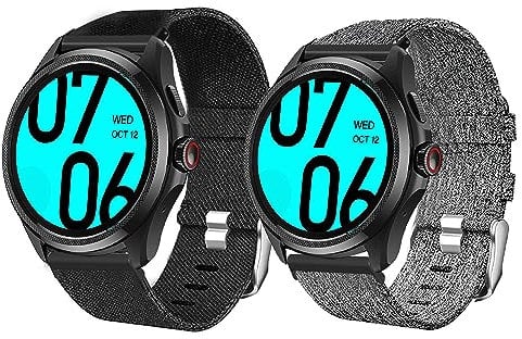 Blueshaweu Compatible for Ticwatch Pro 5 Smartwatch Band, 24mm Breathable Nylon Woven Fabric Replacement Accessory Strap Compatible with Ticwatch Pro 5 Android Smartwatch (Black+Gray)