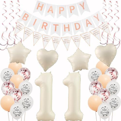 Deko 11. Geburtstag Mädchen Beige Roségold Luftballons 11 Geburtstag Dekoration Mädchen，11 Deko，Geburtstagsdeko 11 jahre,Happy 11th Birthday Girlande 11 Party