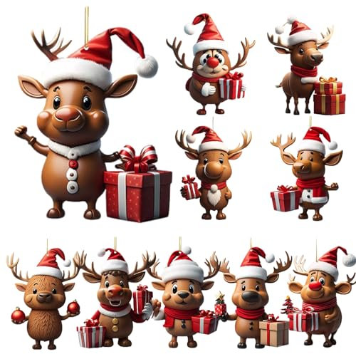 Visiblurry Weihnachten Anhänger, 10 Stück Flache 2D-Wandbehänge Mit Niedlichem Rentiermuster, Acryldekore Weihnachts-Elch-Anhänger, Christbaumschmuck-Anhänger Für Auto-Rückspiegel, Taschen, Schlüssel