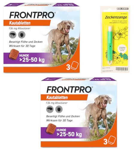FRONTPRO Kautabletten für Hunde 25-50 kg 6-Monats-Set zum Schutz gegen Zecken und Flöhe mit Zeckenzange: Schützt bis zu 6 Monate