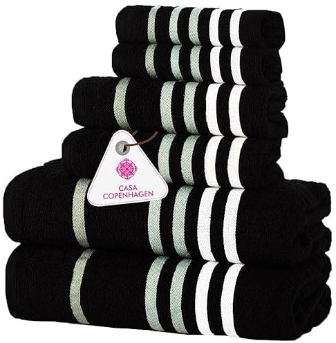 Casa Copenhagen Exotic Juego de Toallas De 6 Piezas- Negro, 525 g/m², 2 Toallas de baño, 2 Toallas de Mano, 2 bayetas de Suave algodón Egipcio para baño, Cocina y Ducha