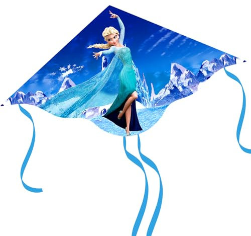 Oirigaga Cerf-volant pour enfants, Reine des Neiges avec poignée, lignes et 4 queues pour activités de plein air, dessin animé Eisa Princesse Kite pour débutants à partir de 3 ans