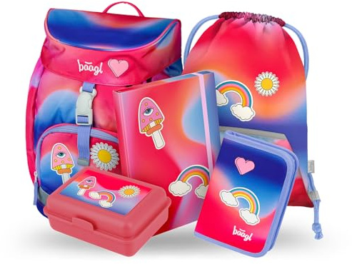 Baagl Airy Schulranzen Mädchen Set 5-Teilig Schulrucksack - Hippie | Schultasche ab 1. Klasse für Kinder für Ranzen für Schule, Schultasche ab 1. Klasse für Kinder für Ranzen für Schule Klasse.