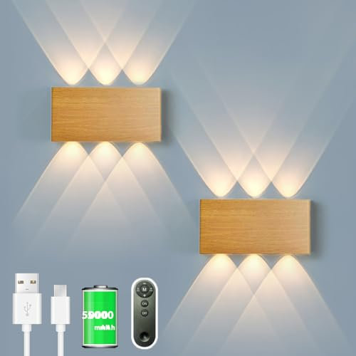 Akku Wandlampe, mit Fernbedienung Touch Control Schalter LED Magnetisch Akku Wandleuchte 5200mAh Kabellose Wandlampe 3 Modi Helligkeitsstufen, ideal für Loft Flur Schlafzimmer (2pcs Hölzern)