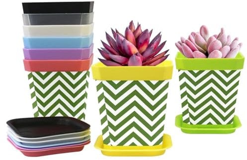 Blumentöpfe aus Kunststoff, Pflanzgefäße für den Innenbereich, Weiß und Grün, Chevron-Zick-Zack-Mini-Blumensetzlinge, Pflanztopf mit Palette, moderne dekorative Gartenbehälter (8 Stück)