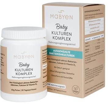 MABYEN Baby Kulturen Komplex, Kulturenpulver ab Geburt bis 2 Jahre, 60g | Nahrungsergänzung ab Geburt bis 2 Jahre, 4 Bakterienstämme, 200 Mio. Kulturen, vegan, laktosefrei, mit Calcium und Vitamin D3