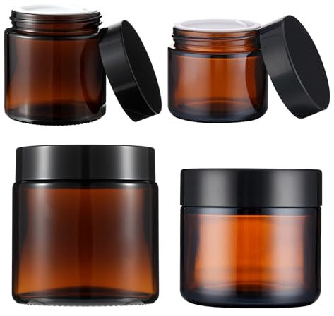 YUXIANLB Lot de 2 bocaux en verre ambré avec couvercles noirs et doublures intérieures, récipients vides pour cosmétiques, pots en verre avec couvercles intérieurs, bocaux ronds hermétiques pour