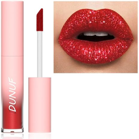 Glitter Lip Gloss, Bright Red Lipstick, Plumping Diamond Sparkly Lipgloss, Glossier Shimmer Metallic Long Lasting Liquid Lipstick, Non-stick Cup High Pigmented Lip Gloss Makeup Gift for Women Girls