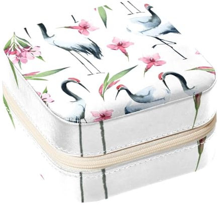 Diusye Kleine Schmuckschatulle für Ringe, Ohrringe, Halsketten, Armbänder, Armreifen, Mini-Reise-Schmuckkästchen, Organizer für Frauen und Mädchen, Geschenke – Aquarell, graue Störche, rosa Blumen