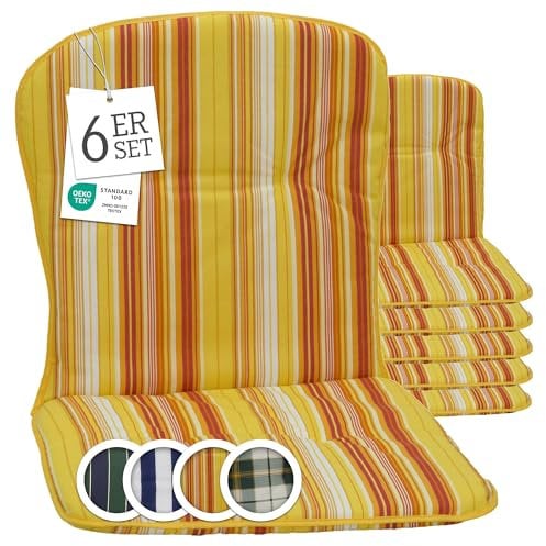 Beo Gartenstuhl-Auflagen Kos Niedriglehner 80x44 cm, 6er Set | Waschbare, UV-beständige Sitz-Kissen | Atmungsaktive Polster-Auflagen nach Öko-Tex Standard | Gelb-Orange gestreift | Made in EU