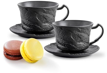 Wilmax - Schwarze Tasse mit Untertasse - 2 Stück - 180 ml - Becher aus Porzellan - Espressotassen - Teetassen - Kaffeetassen - Kaffeeservice 2 Personen