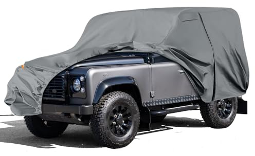 Telo copriauto impermeabile Land Rover Defender 90 1990-2016, telo di copertura per tutte le stagioni, con chiusura lampo, porta e parabrezza, grigio