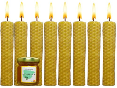 Velas de Miel 100% Cera de Abeja Natural Española-Aromaterapia Relajante-8 velas-Duración 3,5 horas-Decoración-Eco-Friendly-Sin Tóxicos-Origen España-Ritual Mágico Buena Suerte 11/22
