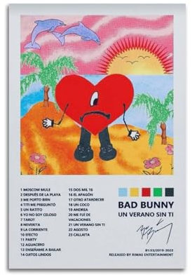 AYERWAENN Bad Bunny Poster, ästhetische Wandkunst, Leinwand, Vintage-Poster, dekoratives Gemälde, Wohnzimmer, Schlafzimmer, Dekoration, 30 x 45 cm, ungerahmter Stil