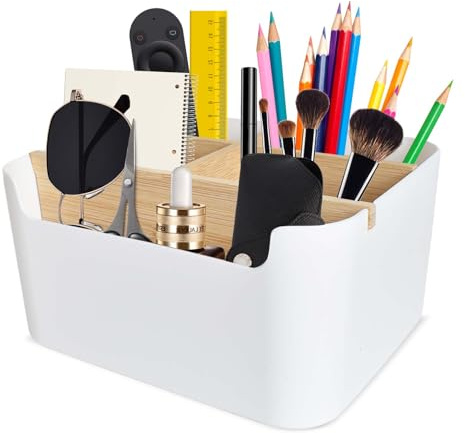 Naapesi Schreibtisch-Organizer mit 5 Fächern, Aufbewahrungsbox aus Kunststoff und Holz, Multifunktionaler Abnehmbarer Schreibtischhalter für Fernbedienungen, Kosmetika, Stifte und Brillen (Weiß)