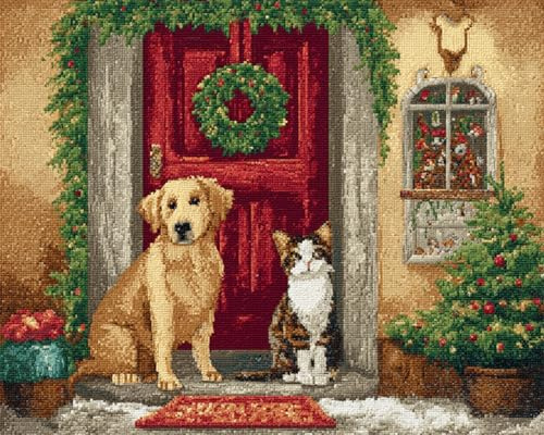 Wallphantom Navidad DIY Alfombras Kits De Ganchillo,Gato y perro delante de la puerta,Kit De Ganchillo Para Principiantes,set De Lona Para Hacer Alfombras Para El Hogar,80x160cm