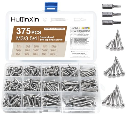 375 Stück Blechschrauben Selbstschneidende Schrauben, Edelstahl Torx Schrauben Set, Torx Rundkopfschrauben, M3 M3,5 M4 Linsenkopf Holzschrauben Sortiment(Runder Kopf)