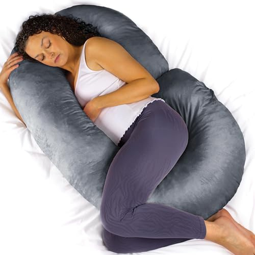 Aamira C Shaped Pregnancy Pillow, Memory Foam, Velvet Cover, Dark Grey | 140 x 65 x 20cm maternity pillow with shredded memory foam, full-body C-shape support and removable washable velvet cover.