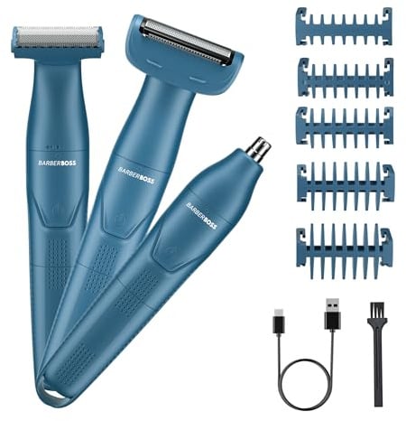 BarberBoss Set per la toelettatura dei dettagli, 3 in 1, per uomo, barba, parrucchiere, body groomer, trimmer naso e orecchie, rasoio senza fili con ricarica USB (Blu)