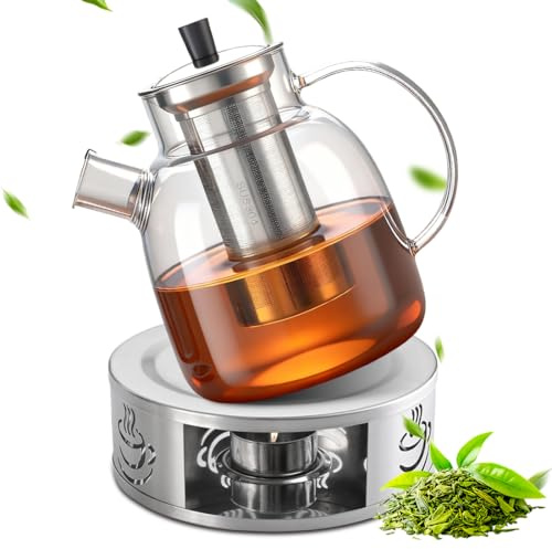 Teekanne mit Stövchen, 1800ml Teekanne aus Glas mit Edelstahl Siebeinsatz und Deckel, Hitzebeständig Kaffeekannen Borosilikatglas Teebereiter für Losen Tee Früchtetee & Teebeutel