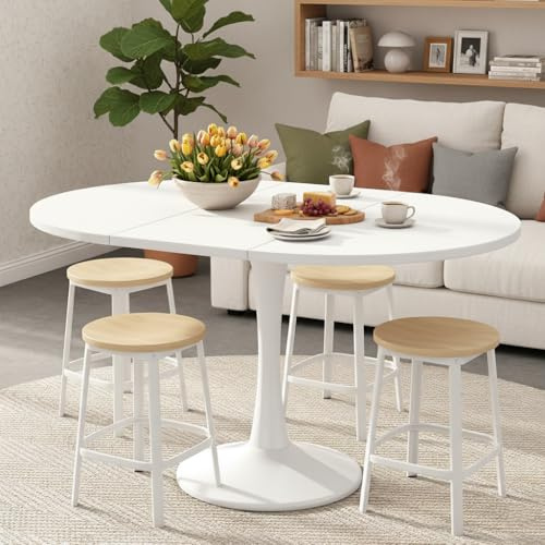 PLLBIKK Mesa de Comedor Extensible Blanco, 100-140 cm, Mesa de Comedor Ovalada/Redonda para 2-8 Personas, Mesa de Madera Moderna para salón y Cocina, Mesa Redonda (A, Blanco)