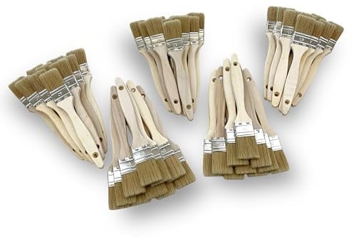 Kibros 50er Set Flachpinsel weiße Naturborsten 40 mm | Weiße Naturborsten, unbehandelter Holzstiel, für Öl- und Acrylfarbe, Lack, Lasur und Kleber.