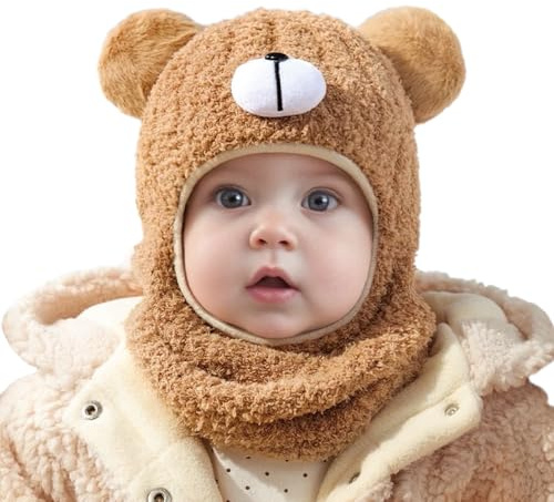 AYPOW Bonnet Cagoule Chaud d'Hiver pour Bébé Enfant, Multifonction Chapeaux Echarpe en Polaire Peluche Thermique Coupe-Vent Tricoté Cache-Cou Capuche Cache Oreilles avec Double Pompon Tout Petit