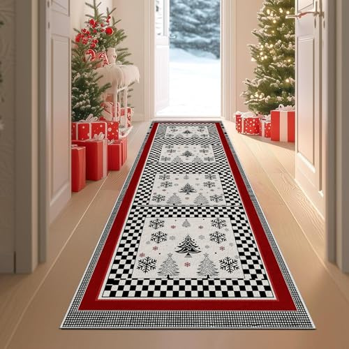 Minimalistisch Weihnachtsbaum Flur Läufer Teppich 60x180 cm, Weihnachten Weihnachtsdeko Teppichläufer Flurläufer Lang, Küchenteppich Waschbar Läufer für Flur, Eingang, Wohnzimmer Schlafzimmer