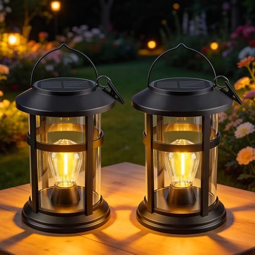 SCNNC Solarlampen für Außen Hängend, IP65 Wasserdicht Solar Laternen für Draußen mit Größer LED Glühbirne Warmweiß, Solarlaterne für Außen Garten Balkon Hof Patio Terrasse, 2 Stück
