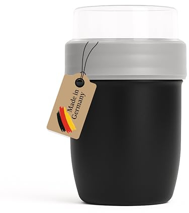 MEBY Müslibecher to go – Auslaufsicherer Joghurt- & Snackbecher mit Unterteilung, BPA-frei, Mikrowellen-, Gefrier- & Spülmaschinengeeignet, Made in Germany, 500 ml + 150 ml (Schwarz)