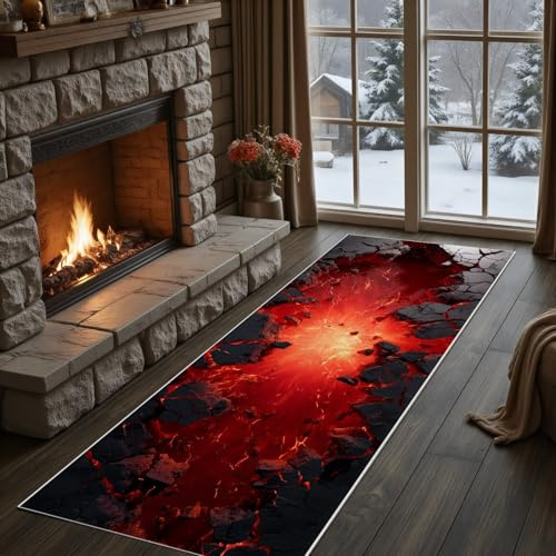 Meugesoi 3D Optische Täuschung Teppichläufer rutschfest Waschbar 80x250 cm, Felsen Riss Loch Teppich Läufer Flur, Flamme Magma Lava Teppich Küche für Schlafzimmer Eingangsbereich Esszimmer