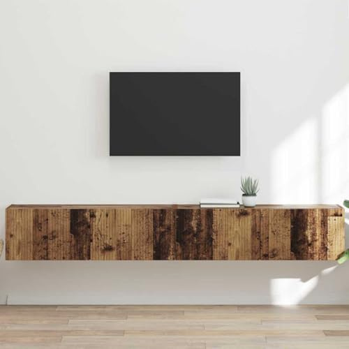 GeenYuu Meuble TV Mural Bois Ancien 98 x 31 x 29,5 cm 2 pcs avec Portes pivotantes 90°, étagères murales, Rangement Moderne pour Salon séjour multimédia Audio vidéo