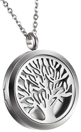 Flongo Aroma Diffuser kette Aromatherapie: Duft Halskette für Ätherische Öle Lebensbaum Edelstahl Duftkette mit 6 Farbigen Filz Pads ölpads Silber für Damen Frauen