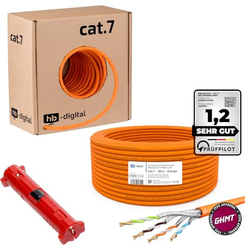 hb-digital 25m Cable de red CAT.7 Cable de instalación LAN AWG 23 Cobre puro S/FTP PiMF LSZH Ethernet que cumple con RoHS Cable de datos PoE 10Gbit/s máx. 1000MHz Naranja + Pelacables