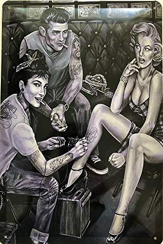 Deko7 Blechschild 30 x 20 cm James Dean, Audrey Hepburn und Marilyn Monroe in Tattoo Studio