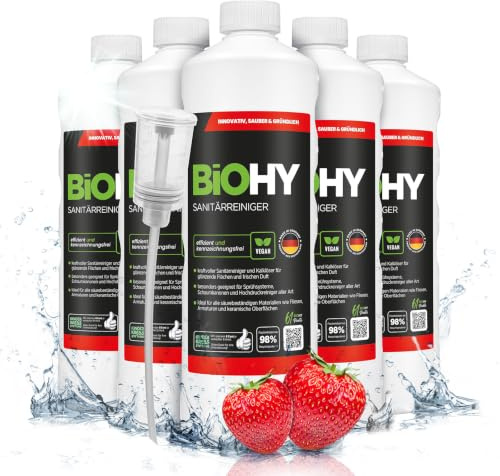 BiOHY Sanitärreiniger (6 x 1 Liter) + Dosierer | Bio Kalklöser Konzentrat für den Sanitärbereich | EXTRA STARKER Badreiniger gegen Urin | befreit Dusche & WC von Kalk & Schmutz