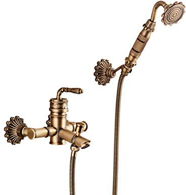 Robinet De Baignoire - Robinet De Douche Avec Douche À Main, Laiton Monocommande Mitigeur De Baignoire Montage Mural Avec Support Et Flexible 1.5M, Pour Salle De Bain, Finition Laiton Antique