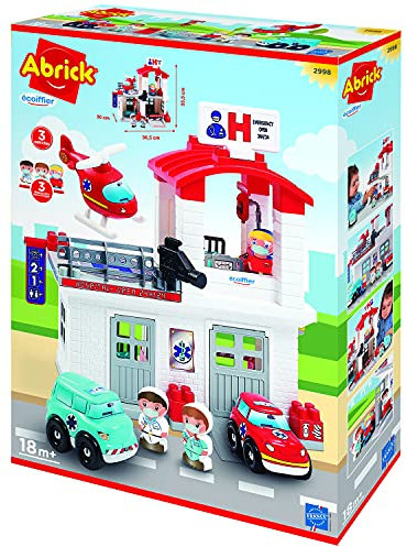 Ecoiffier – Abrick Spielset Krankenhaus – 65-teiliges Baustein-Set, mit Hubschrauber, Spielzeugautos, Arzt, Schwester, für Kinder ab 18 Monaten