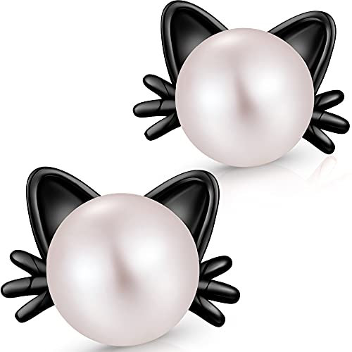Orecchini Gatto,Orecchini Donna Gatto Miaofu Gatto Orecchini Carino Perle Gatto Orecchini,Naturale d'Acqua Dolce Perle Gatto Orecchini,Orecchini Gatto Bambina,Orecchini Gatto Argento Nero Orecchini