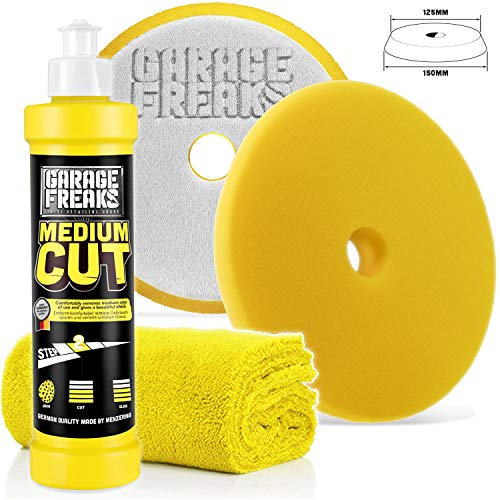 Garage Freaks - Step 2 - MEDIUM Cut Set Medium Cut Hologrammentferner 250ml Medium Cut Foam Pad + Edgeless Superflausch Mikrofaser Poliertuch 40x40cm, 550GSM