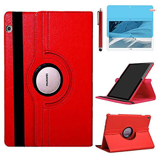 Custodia per Huawei MediaPad T3 10 Tablet 9.6 inch (AGS-W09 AGS-L09 AGS-L03) - Rotazione di 360 gradi Custodia protettiva completa per supporto,Con Penna Stilo, Pellicola Per Schermo (Red)