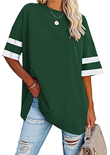 Famulily Women's Striped Tee Tops Soft Cotton Round Neck Half Sleeve Baseball T Shirt Color Block Tunic Tops Green XXL